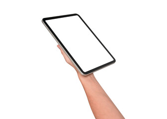 Hand holding modern tablet mockup with blank screen isolated on transparent background. Tablet PC with empty display for copy space.