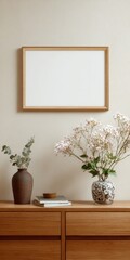 Fototapeta premium Blank frame mockup on wooden dresser with flowers
