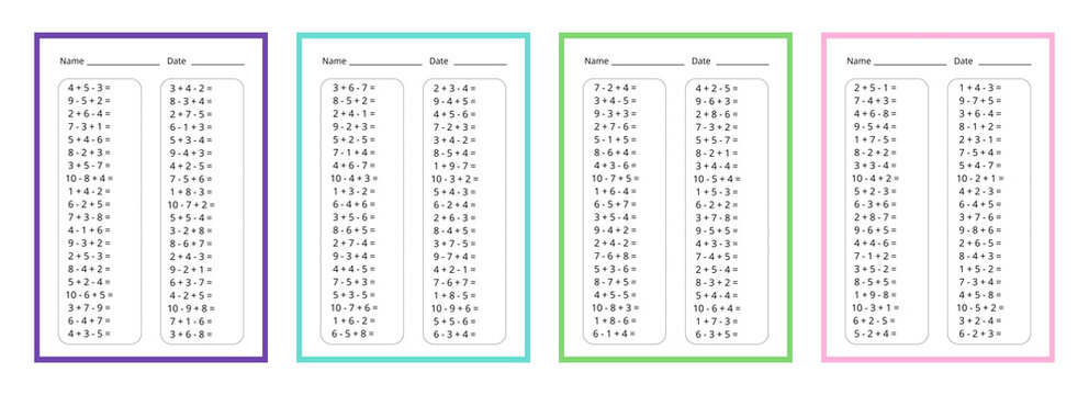 A set worksheet for children, math counting from 1 to 10, examples of addition and subtraction from three digits.