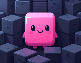 Cute pink block-character with small arms and legs standing among darker gray blocks