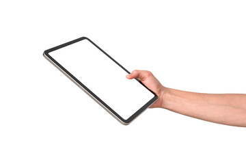 Hand holding modern tablet mockup with blank screen isolated on transparent background. Tablet PC with empty display for copy space.