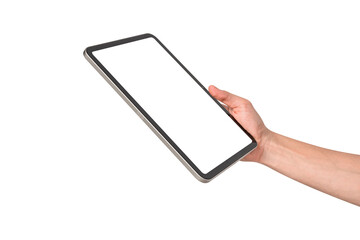 Hand holding modern tablet mockup with blank screen isolated on transparent background. Tablet PC with empty display for copy space.