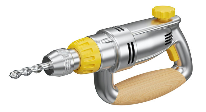 Silver and Yellow Cordless Drill with Wood Handle
