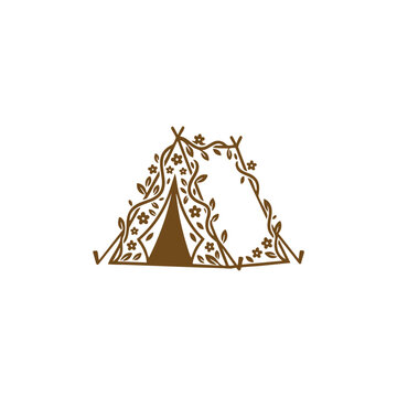 Rustic camping tent silhouette icon elegantly decorated with organic floral vines, leaves, and small blooming flowers in brown vector line art.