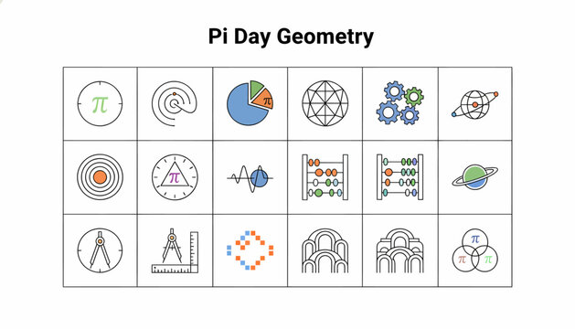 Pi Day Geometry Icons: Math, Science, Education, Circles, Shapes