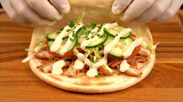 Preparing Delicious Chicken Doner Kebab Sandwich.