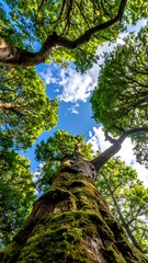 Forest canopy, mossy tree trunk reaching sky. Sunlit green leaves against blue sky peek through