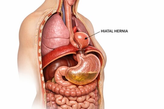GERD Acid Reflux hiatal hernia medical illustration shows stomach herniation through diaphragm into chest cavity, constriction at opening visible, gastroenterology render, anatomical pathology scene