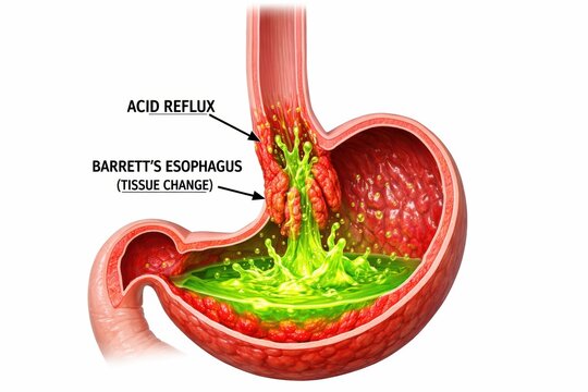 GERD Acid Reflux Barrett esophagus illustration features endoscopic style view with velvety red mucosa replacing normal lining, metaplastic tissue progression render, gastroenterology pathology