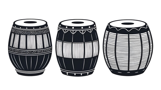 mridangam bundle linocut style silhouette vector illustration