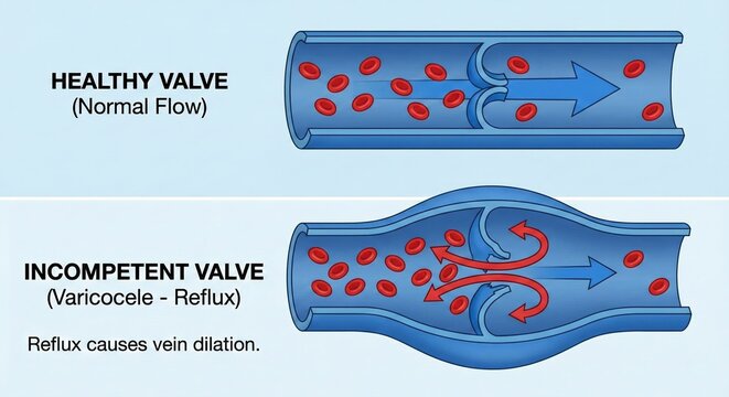 Varicocele venous valve comparison 3D cross section shows healthy leaflet closure preventing reflux versus incompetent valve allowing backflow and vein dilation, urology education