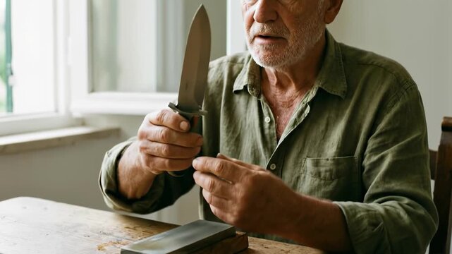 Senior man sharpening a large metal knife on a whetstone at a rustic wooden table in a bright room