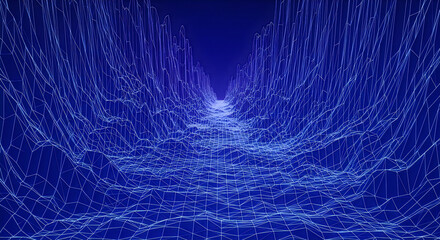 Fototapeta premium Abstract blue wireframe landscape with mountains and valleys, digital topography, retro-futuristic virtual reality