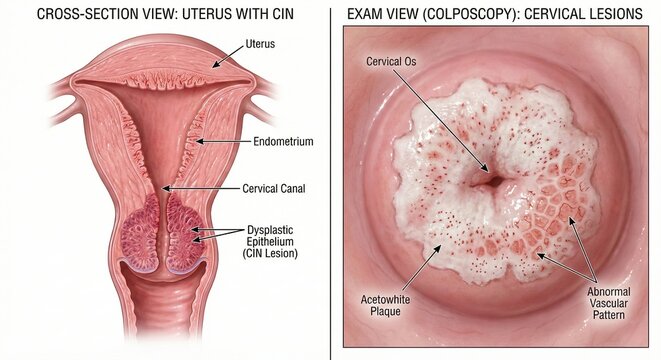 Cervical dysplasia CIN medical diptych shows uterus cross section with severe dysplastic epithelium and colposcopy view revealing acetowhite plaque and mosaic vascular pattern