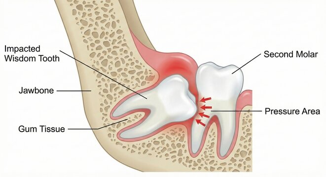 Dentistry impacted wisdom tooth cross section shows horizontally positioned third molar encased in bone pressing against second molar roots, detailed oral surgery render