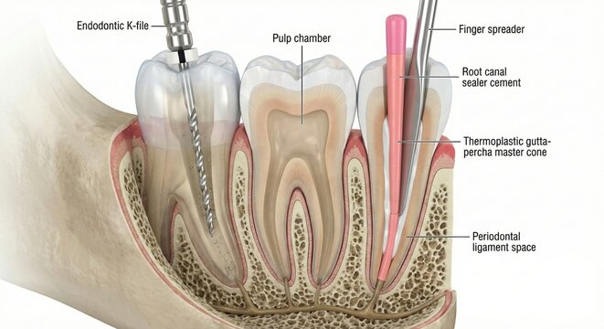 Dentistry root canal treatment endodontics multi stage cross section shows mandibular molar with instrumentation and obturation using files gutta percha and sealer
