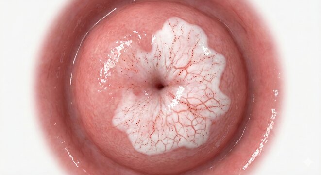 Cervical dysplasia colposcopy visualization shows acetowhite epithelium after acetic acid with sharp bordered lesion and mosaic vascular pattern, gynecology screening render