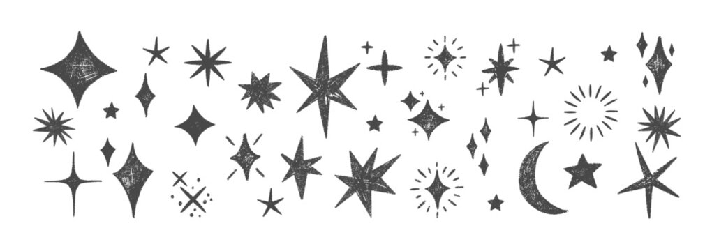 Hand-drawn crayon stars with pastel sparkles create a magical doodle background. Soft light effects and playful crayon textures. Black vector illustration.