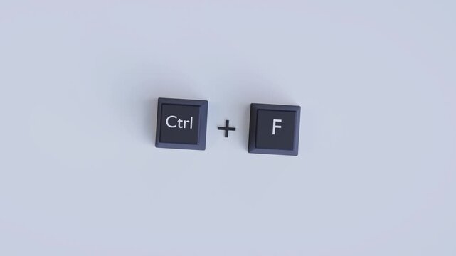 4K 3D Ctrl F Keyboard Shortcut Animation, Find Search Command Concept for Productivity and Digital Workflow