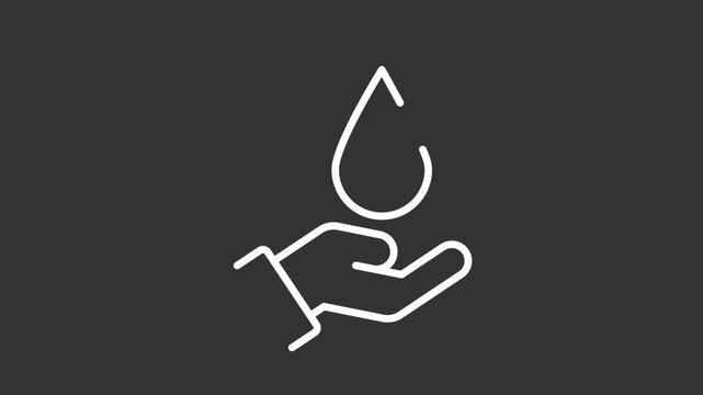 Save water ui icon white line animation. Hand holding clear liquid drop. Free access to freshwater sources. Charity type animated user interface element on dark background. Transparent HD video