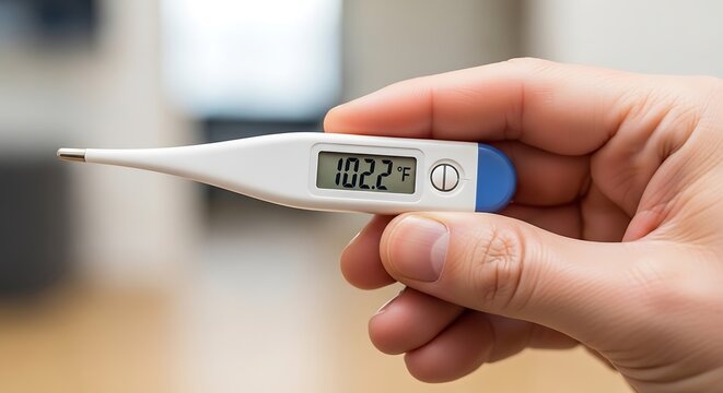 Close up of a person holding a digital thermometer displaying high temperature
