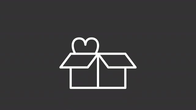 Box for donation ui icon white line animation. Hearts flying out of container. Gathering items at charity event. Kindness animated user interface element on dark background. Transparent HD video