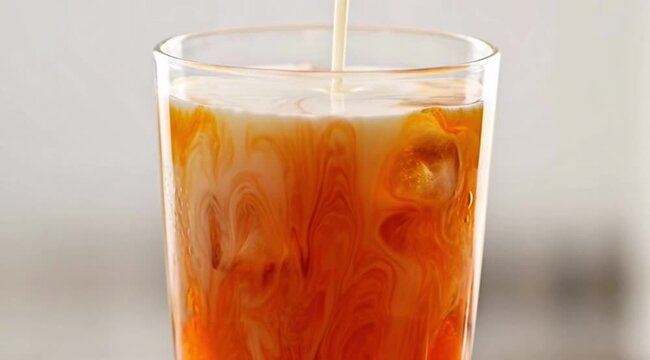 Slow motion condensed milk pouring and swirling into iced tea for refreshing beverage concept