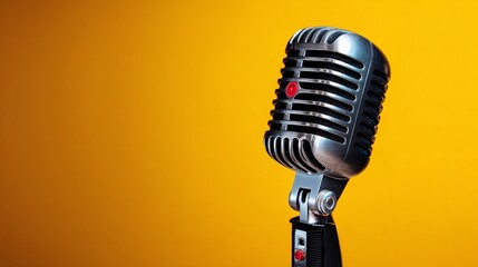 Fototapeta premium Vintage-style microphone with a shiny chrome finish positioned against a vibrant yellow background, showcasing its classic design and intricate details