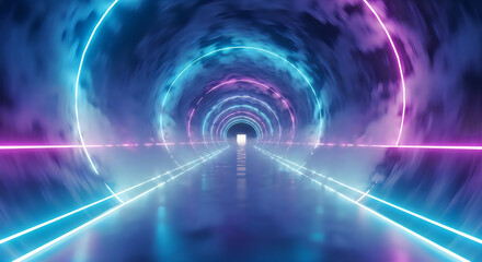 Obraz premium Futuristic neon light tunnel with glowing pink and blue rings creating an abstract portal pathway.