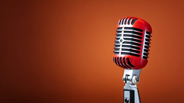 Vintage-style red microphone with chrome accents positioned against a warm orange background, highlighting its retro design and classic features for audio recording
