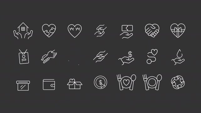 Charity and donation ui icons white line animation set. Gathering voluntary donations. Giving support to people in need animated user interface elements isolated on dark background. HD video