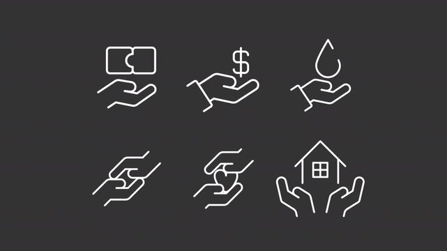 Voluntary charity organization work ui icons white line animation set. Giving essential items to suffering people. Donation animated user interface elements isolated on dark background. HD video