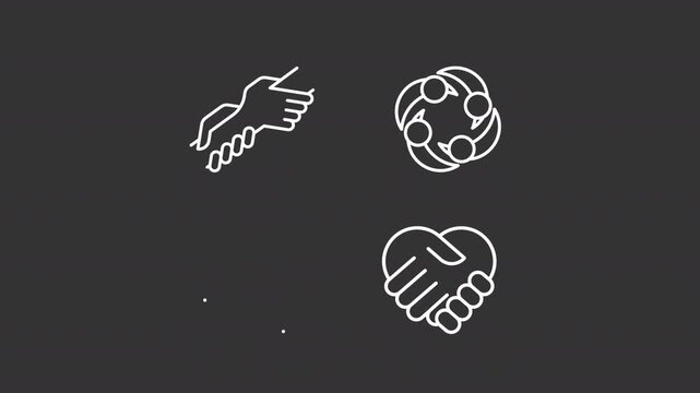 Community support service ui icons white line animation set. Charity and donation programs for citizens. Voluntary help animated user interface elements isolated on dark background. HD video