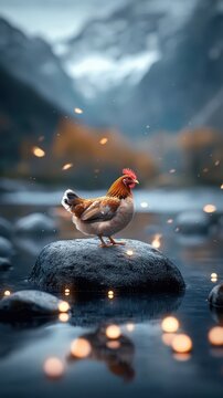A chicken positioned on a sea-themed podium with a fantastical landscape and glowing lights.