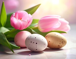 Soft focus image of pink tulips and speckled eggs on a marble surface, bathed in light