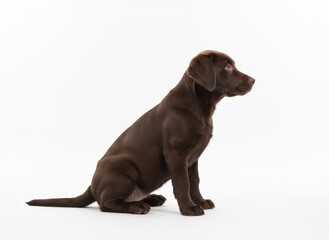 Fototapeta premium A chocolate labrador puppy sitting on a white floor looking to the right in a studio setting from a side viewpoint