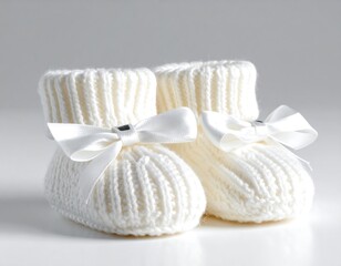 Soft focus pair of white knitted baby booties with silk bow on a neutral surface