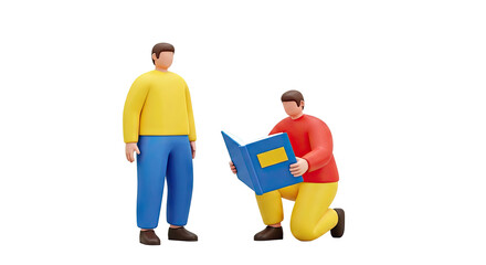 Two 3D stylized men, one standing and one reading a book