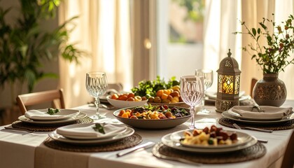 Fototapeta premium Elegant dining table setup with food and decorative lantern.