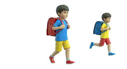 Two cartoon boys with backpacks walking and running on white background
