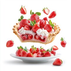 Strawberry pie flying and isolated on a white background, adding a whimsical and dynamic effect.