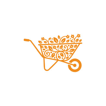 Garden wheelbarrow icon filled with decorative leaves and flowers in line art style isolated on white background