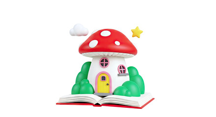 Whimsical Mushroom House on an Open Book with Star and Clouds