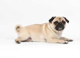 Obraz premium A pug dog lying on the floor, looking directly at the camera with a calm expression, showcasing its adorable face and relaxed posture