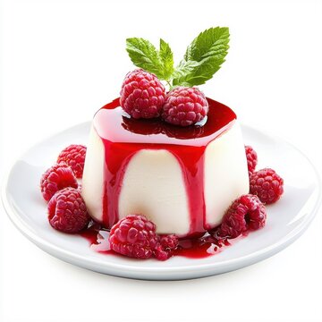 Panna cotta with oozing raspberry sauce, isolated on a white background, highlighting a rich and decadent texture.