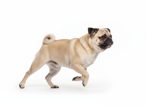 A playful pug dog running with energy and enthusiasm on a plain surface viewed from the side