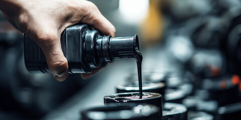 Hand pouring black motor oil from a bottle into a canister on a workbench in an automotive workshop with blurred tools and equipment in the background