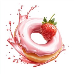 Strawberry donut with sauce splash swirling in a circular motion, isolated on a white background, giving a lively feel.