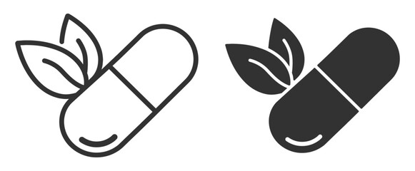 Naklejka premium Capsule pill with leaves, natural herbal medicine and healthcare outline icon isolated on transparent background