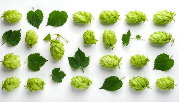Fresh hops and leaves are arranged in a grid pattern against a white background